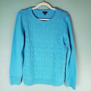 Talbots Womens Blue Lambswool Blend Cable Knit Crew Neck LS Sweater Size Large